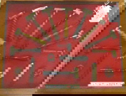 Bullet molds: Standing wood display with 17 pc ammuntion molding items, good cond