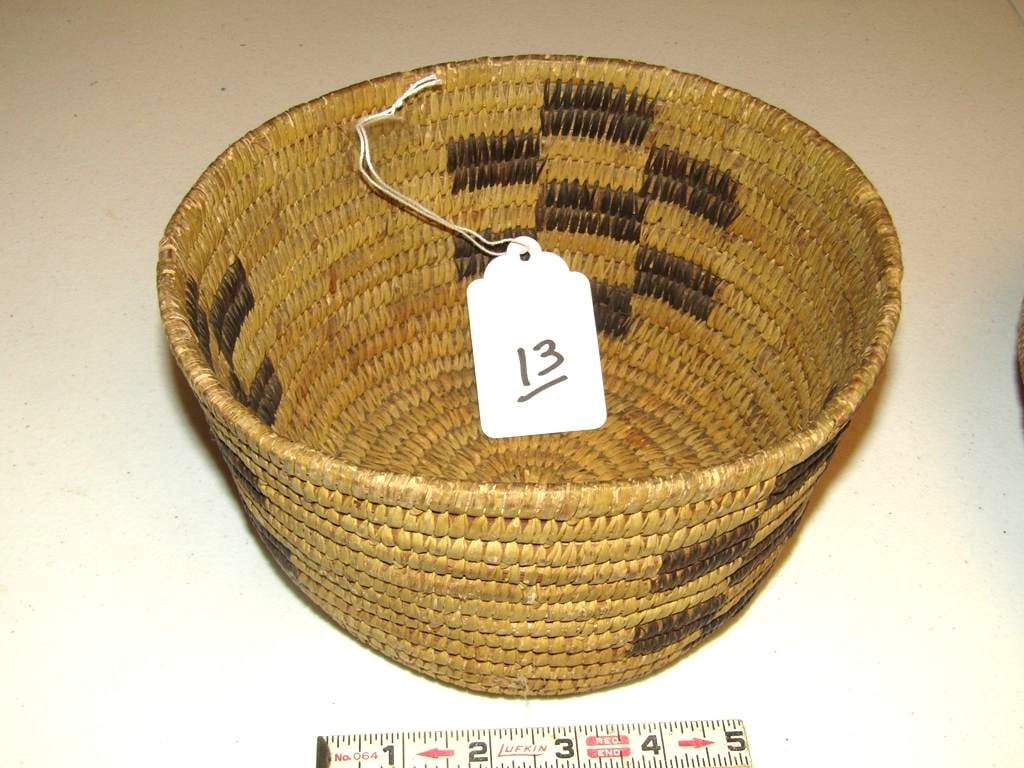 Basket,: Papago cross design basket, 8 x 4 1/2", minor rim stitch loss, good condition