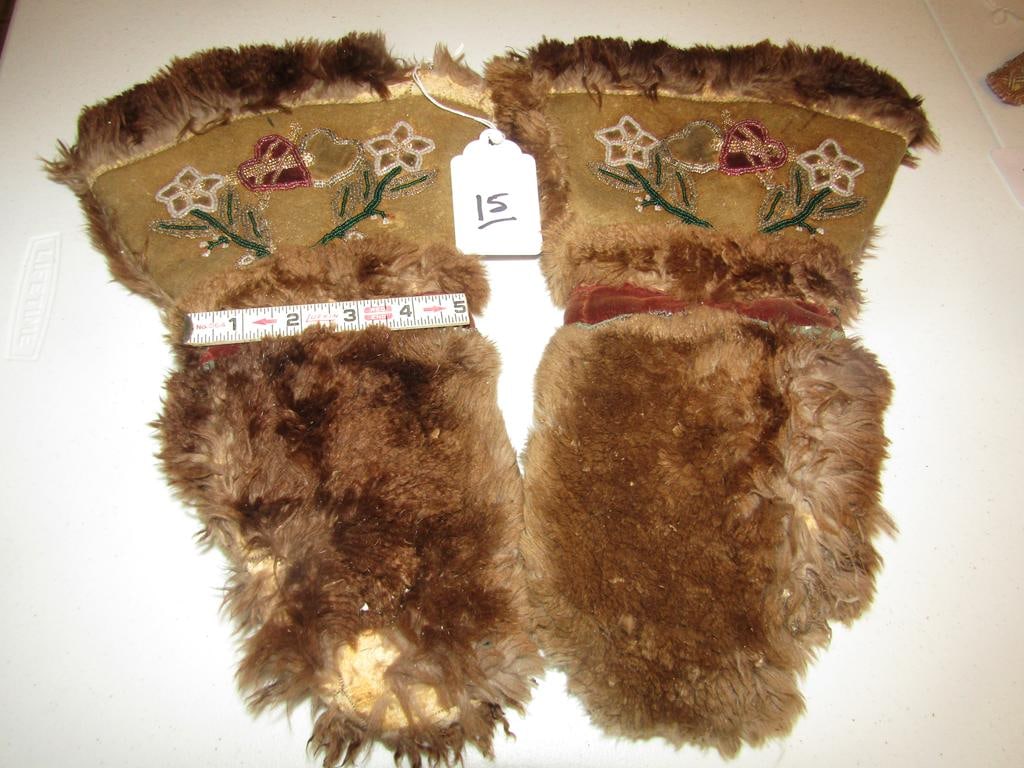 Mittens,: Great lakes fur and bead covered hide mittens, some fur loss, fair/good cond