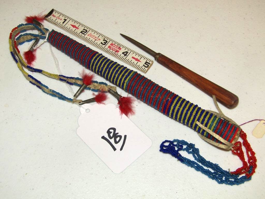 Awl case: Norhern Plains long beaded 15" awl case with awl and hide tassels, sinew sewn, very good