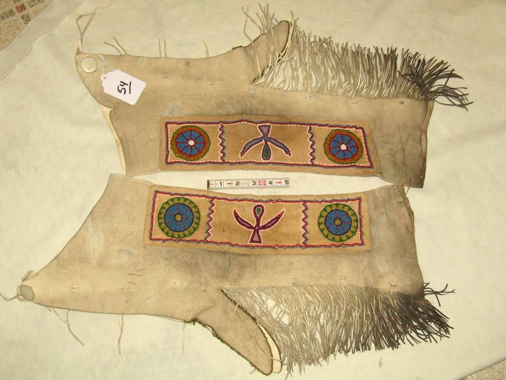 Leggings,: Pr Apache boys leggings, beaded wagon wheels snd thunderbird, 24" long, fringe, shell buttons,, good cond