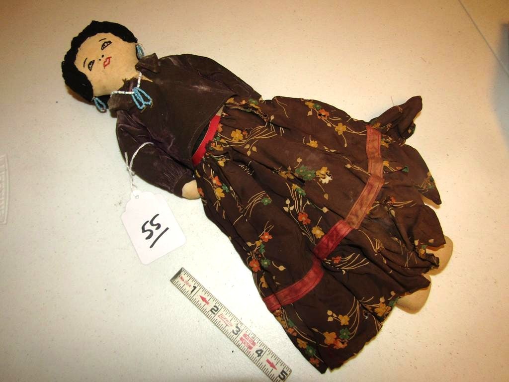 Doll: Hopi 15" cloth doll with beaded necklace snd esrrints, several holes in dress, fair/good cond