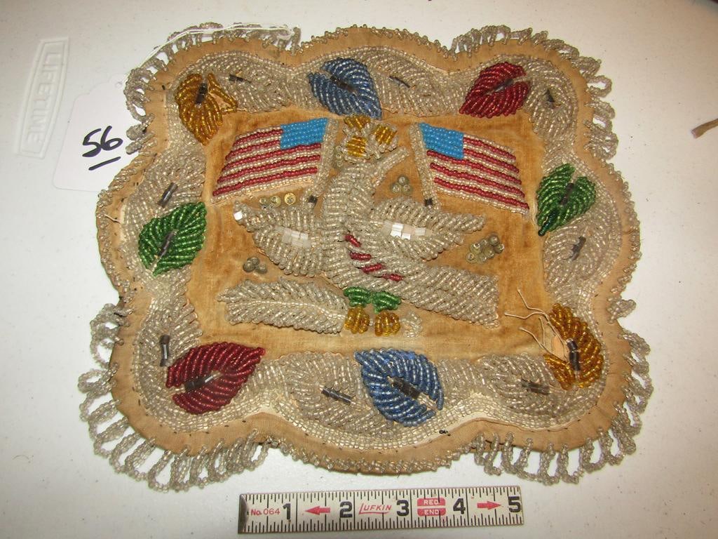 Bead panel,: Iroquois flag beaded flat panel, 11 x 10", good cond