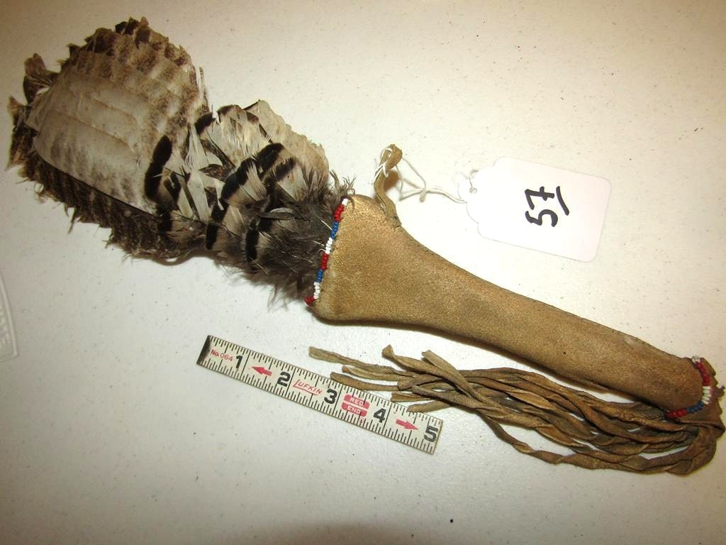 Dance pc: 22" turkey feather hide beaded ceremonial dance fan, sinew sewn, good cond
