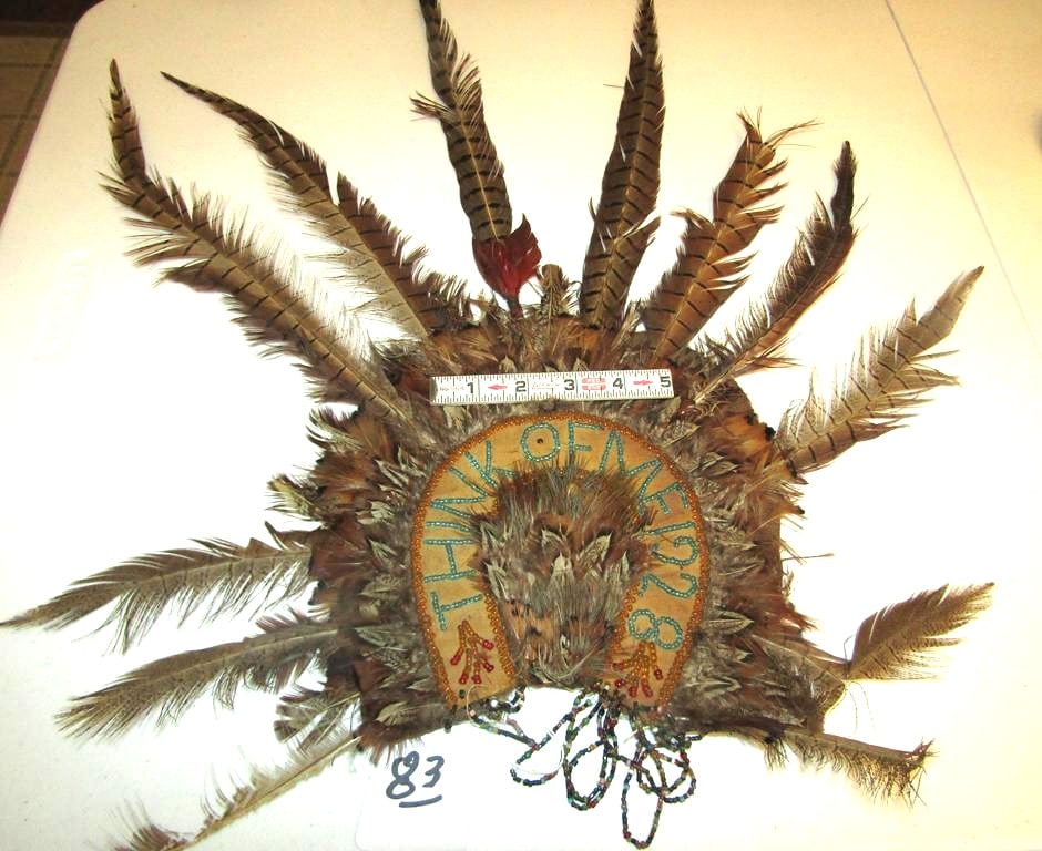 Dance pc: Large Mohawk 22" "Think of me 1928" beadwork, turkey feathers , good cond