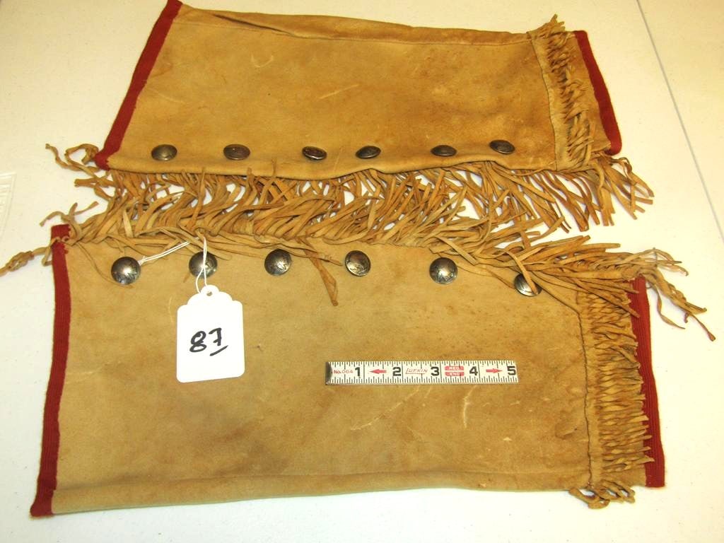 Leggings: Pr Norhern Plains 17" leggings with Indian and Buffalo head nickels, fringe, good/very good