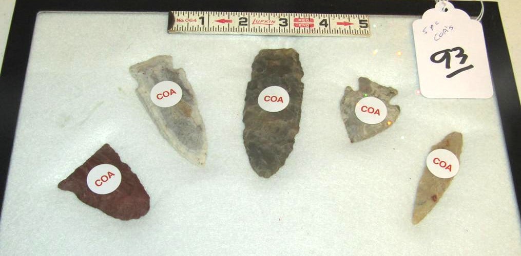 5 Motley coa's: 5 pc Motley coas, qq 1/2' knife, 3 1/4" Hopewell,3 3/4" knife, 1 7/8" Hopewell, 2 3/4 " Dawnson