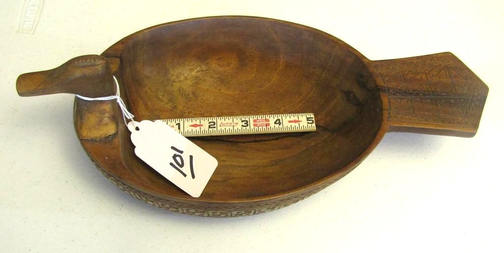 Duck bowl: Mohican marked 13" carved duck figure wood bowl, good / very good cond