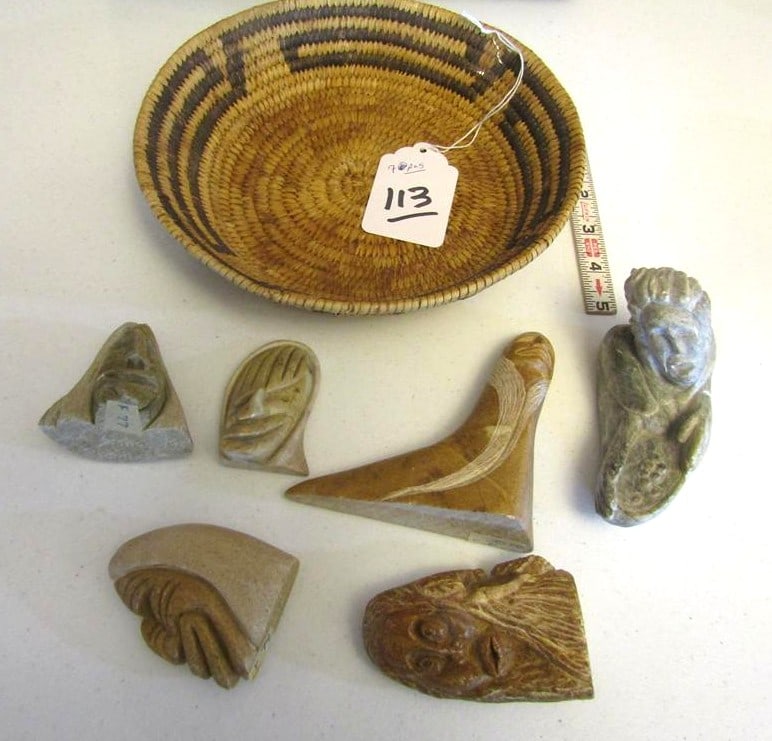 Basket,6 pc faces: Papago 9 x 1 1/2" basket with 6 pcs of modern soapstone faces (kargest iface is 4")