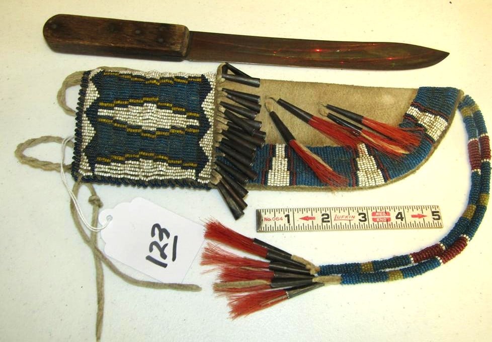 Knife case: Northern Plains 11" full beaded knife case with Wilson knife, sinew sewn, long beaded tassels, good/very good condition