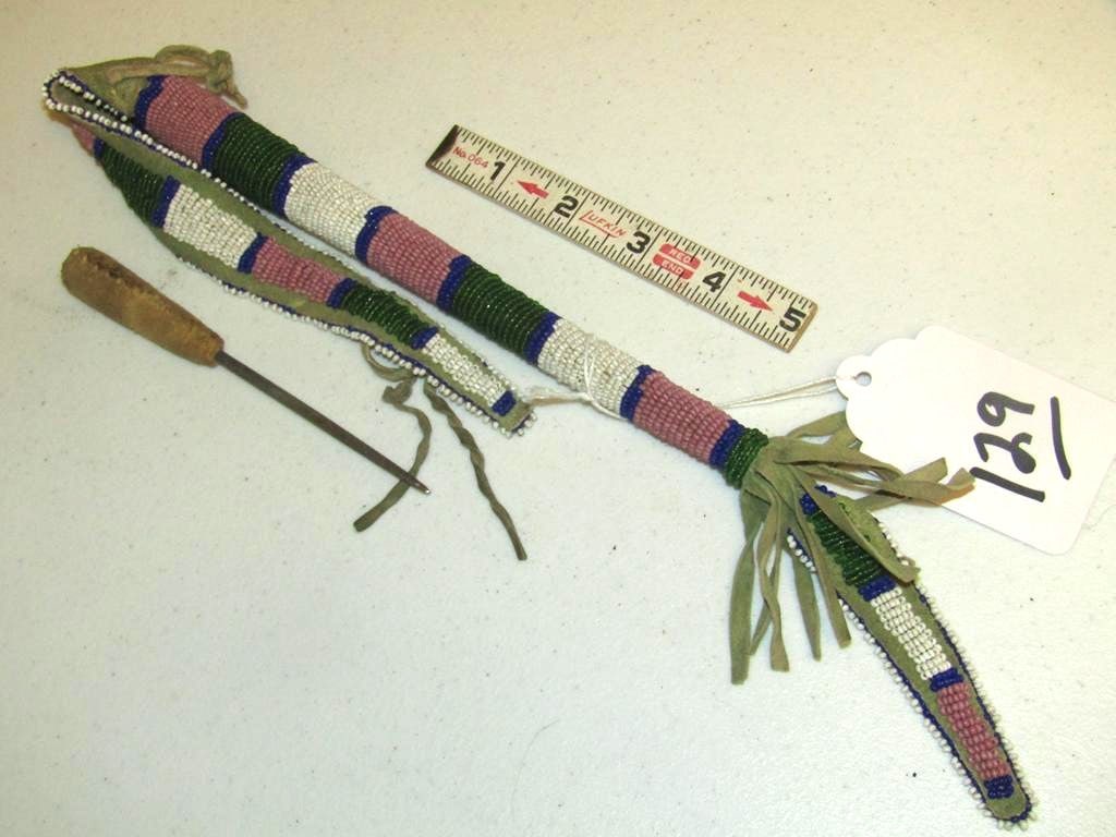 Awl case: Crow 13 1/2" full beaded awl case including bead tassel, with awl tool, was lot 184 previous auction, good condition