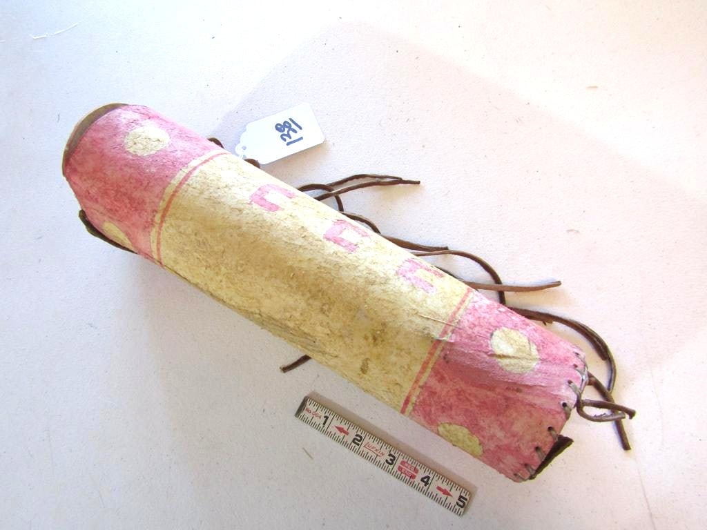 Crow container: Crow cylinder type hide horse track painted container, 12 1/2" x 4", hide ties, previous auction lot 58, good condition