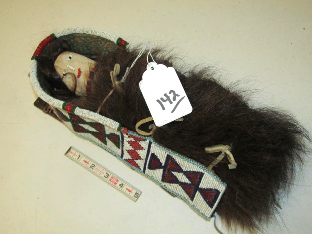 Cradle/Doll: Northern Plains 15" wood cradle board with beaded cradle, doll with human hair wrapped in fur, good condition