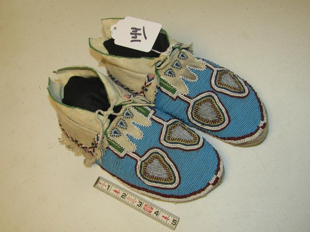 Moccasins: Kiowa fully beaded 10" moccains, bead upper cuffs, beaded tabs, excellent condiiton
