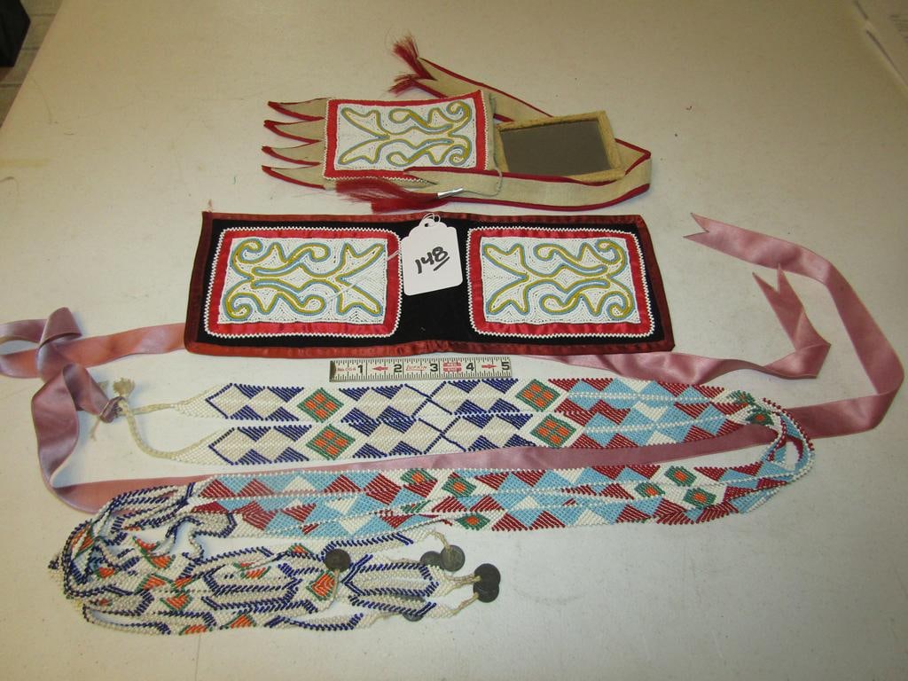 3 pc Ho-Chunk: 3 pc beaded Ho-Chunk with 48" bead hair bundle, bead mirror bag with mirror, Canadian dime tassels, very good condition