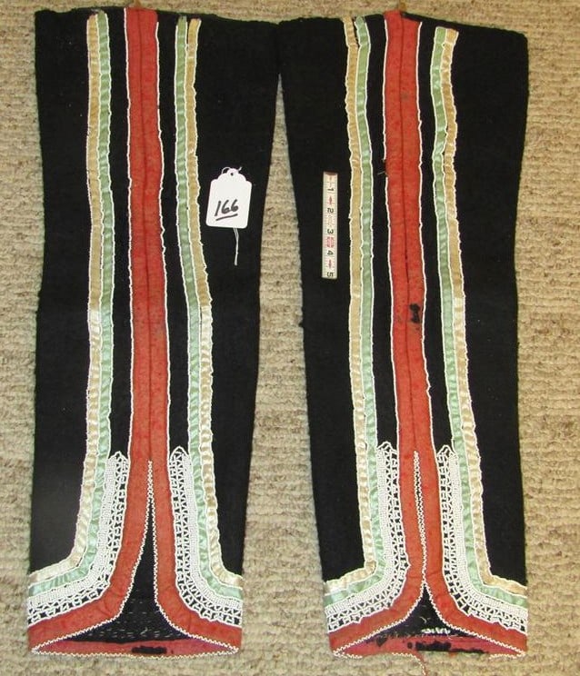 Leggings: Seneca black wool beaded leggings, 19" long, minor bead loss, minor stain, hide ties, Good cond