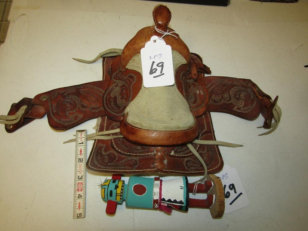 3 pc beadwork: Bag with 3 pc Iroquois beaded items, 4" bird cushion, 6 1/2" wall pocket, and boot, some bead loss