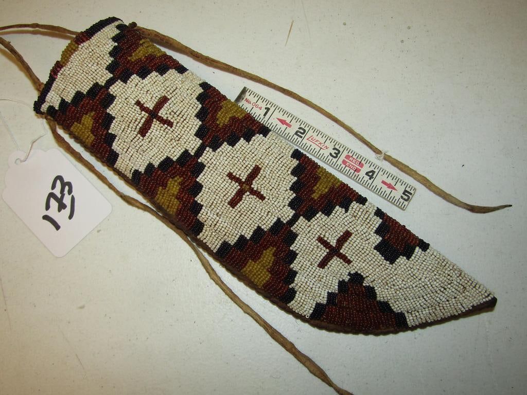 Knife case: Northern Plains full beaded 11" knife case with white heart reds, sinew sewn, harness leather