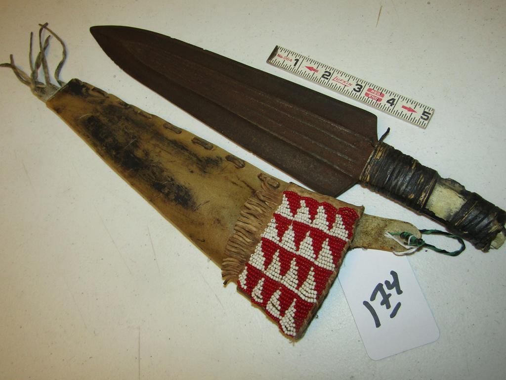 Knife sheath: 10" beaded knife sheath with 13" bone handled knife