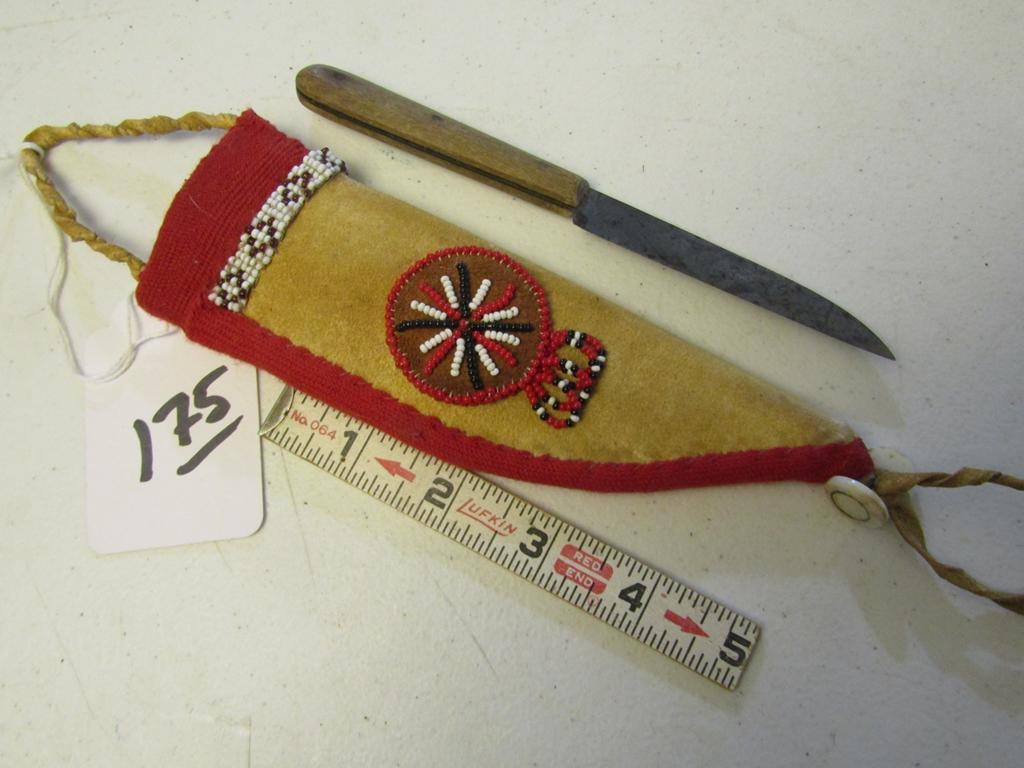 Knife case: Northern Plains 7" beaded knife case with old knife, good cond
