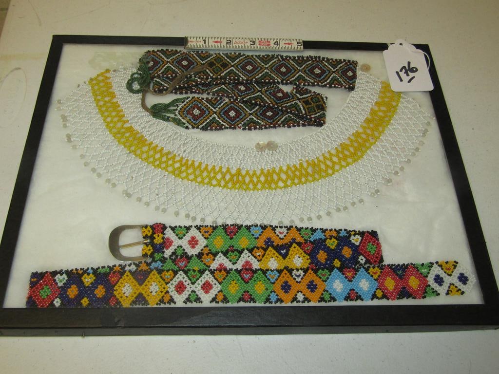 3 pc beadwork: Large display with Piaute beaded collar w/button clasp, 2 beaded belts one with some bead loss, good condition