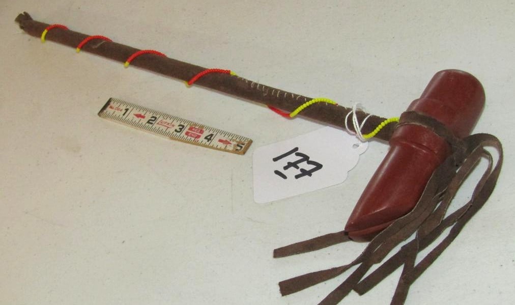 Dance club: Sioux 15" beaded and hide covered dance pc with 4 1/4" catlinite horse hoof head, very good condition