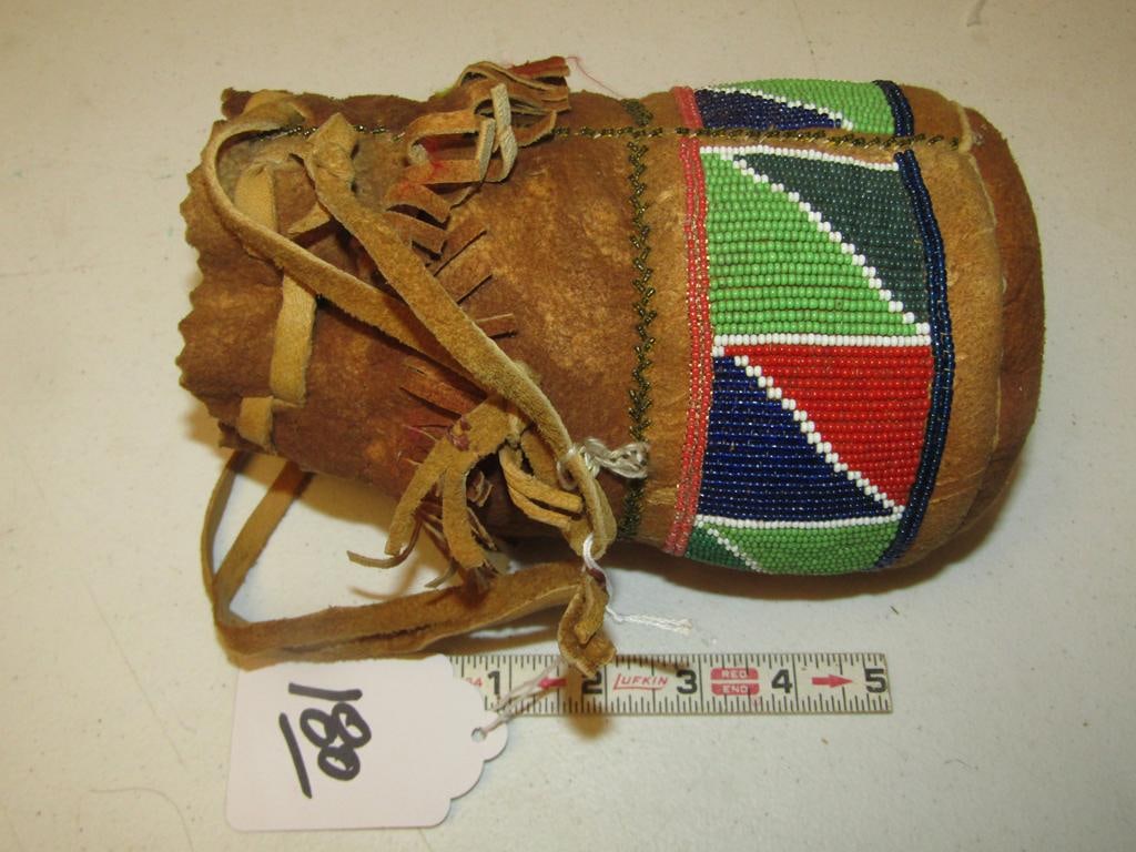 Bead bag: Northwest Coast beaded Sally bag, 8", Buffalo hide, hide closure, very good condition