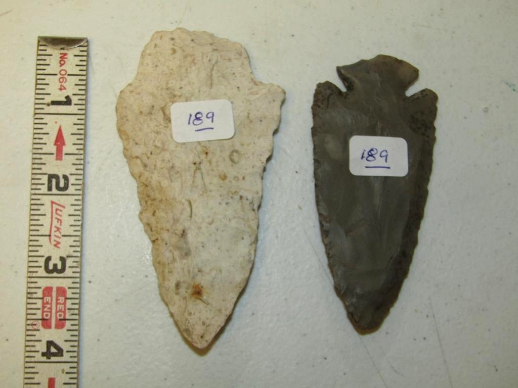 2 points: Plastic box with 2 flint points, largest 4 1/8"