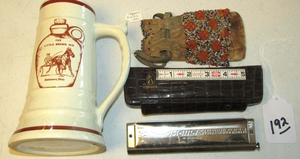 3 pc misc: 3 pc misc items including Hohner harmonica, Chippewa bead bag and cup