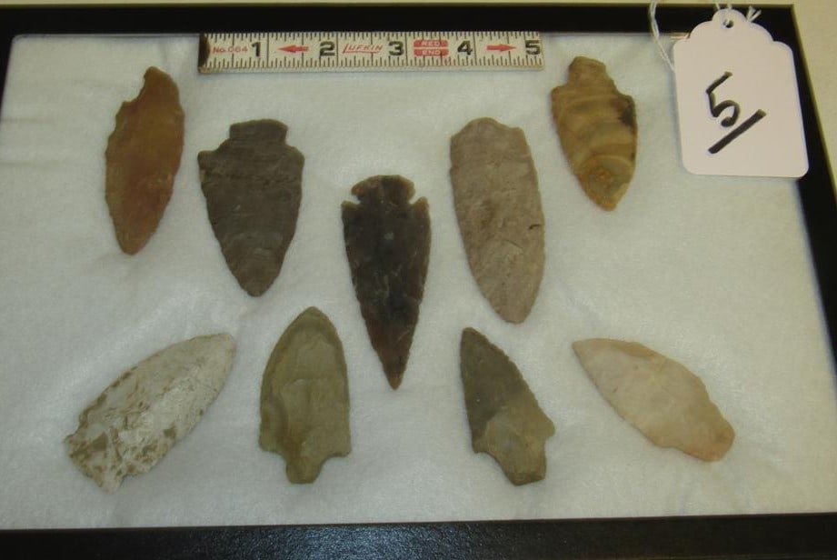 9 points: Display with 9 pc various type points, largest 3 1`/8"