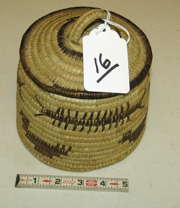 Basket: Papago lidded centipede and turykey pictorial basket, 5 1/2" x 6 1/2" , excellent condition (only centipede basket we sold in 35 years)