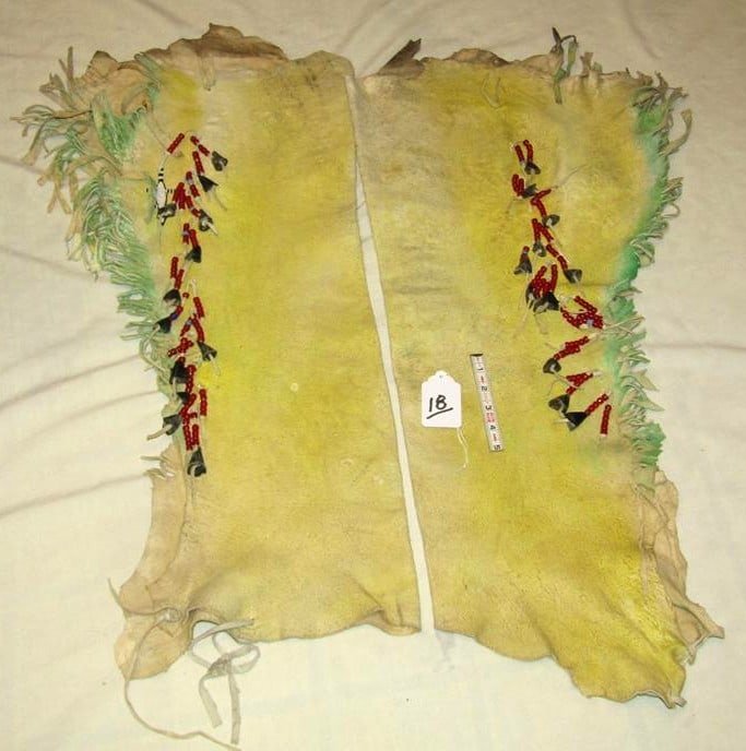 Leggings: Southern Plains large adult hide leggings, 36", beaded drops with deer dew claws, beaded alligator sinew sewn very good cond
