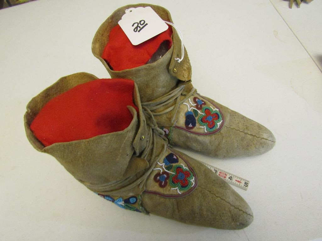 Moccasins: Ojibway 10 1/3" beaded high top moccasins, floral designs, hide ties, good cond