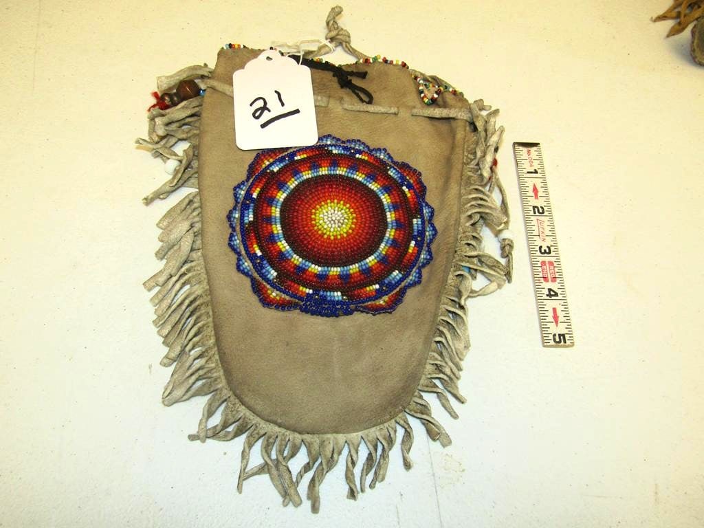 Bead bag: Plateau 10 1/2" beaded medallion bag, sinew sewn, bead top opening, fringe, good/very good cond