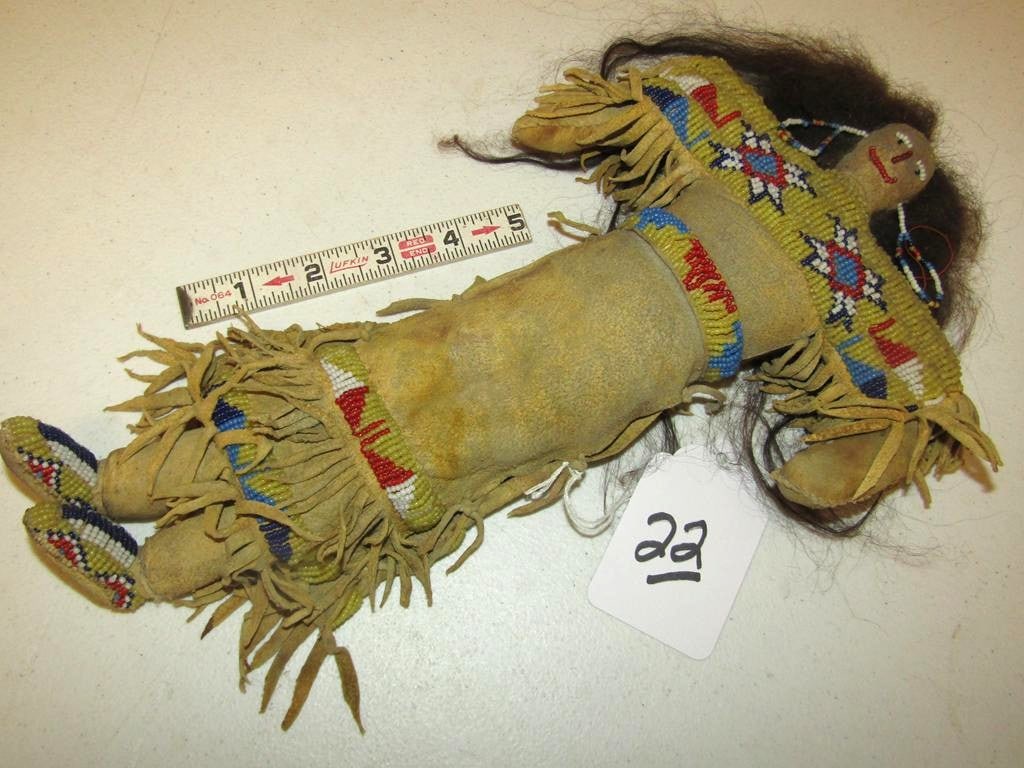 Doll: Sioux 12" woman beaded doll, human hair, sinew sewn, native beaded clothing, good cond