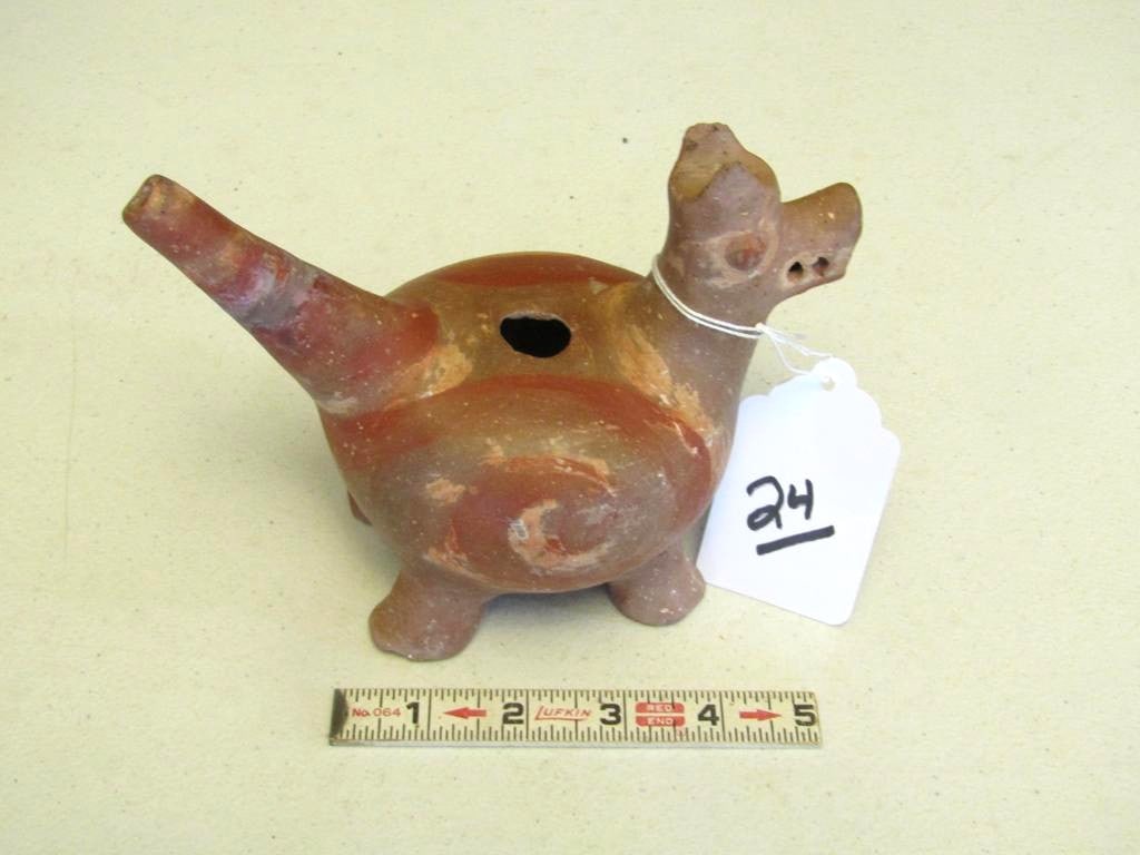 Dog bottle: Painted dog effigy painted 7" bottle, crack leg, re-glued leg, good cond