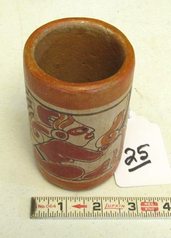 Jar: Pre-columbian human figures painted jar 4 1/4" x 2 1/2", good cond