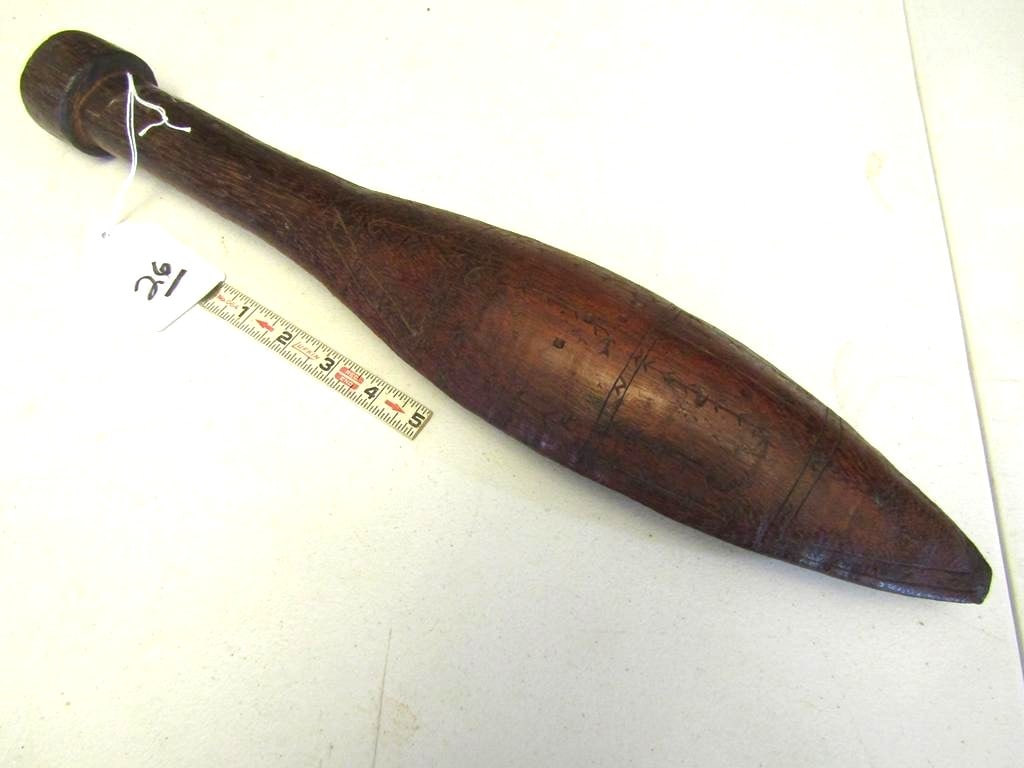 War club: Eastern 19" wood carved and engraved (both sides) war club, good cond