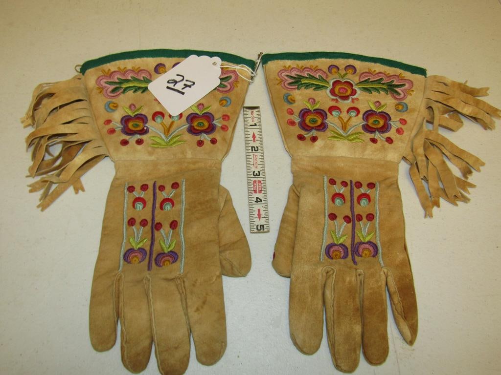 Gloves: Metis highly embroidered silk gloves, 12" with hide fringe, excelllent cond