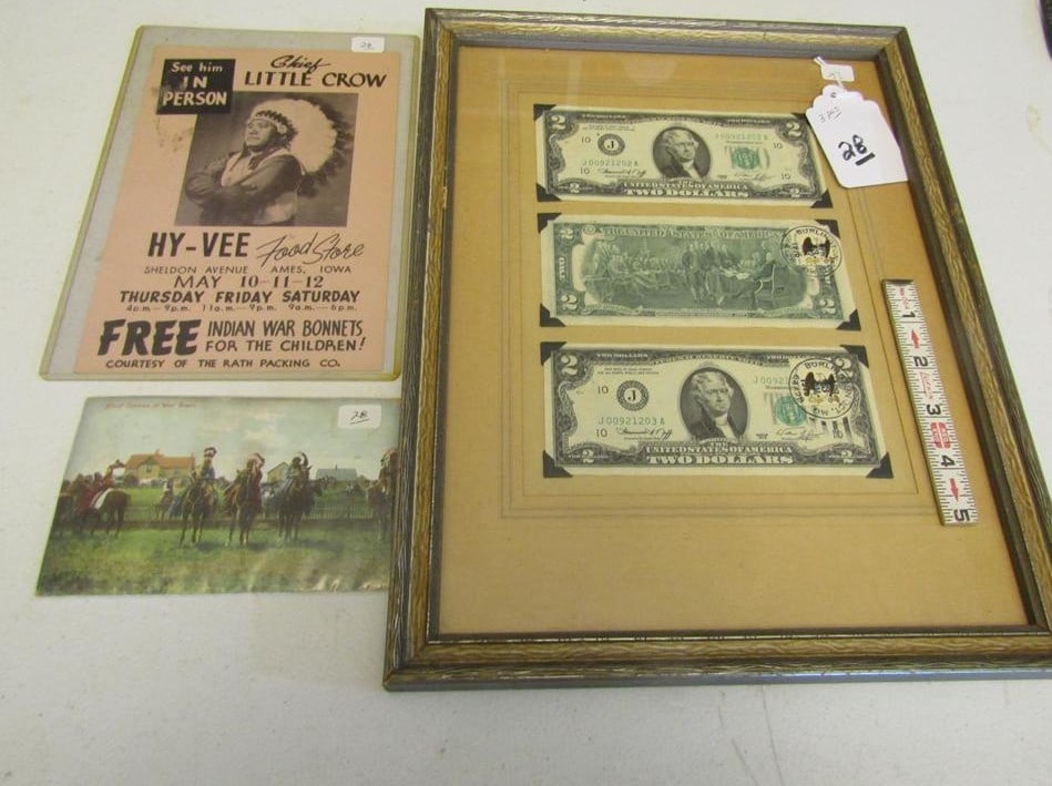 3 pc misc: Framed 3 pc $2 bills, Inidan post card and Hy Vee Indian advertisement, good cond