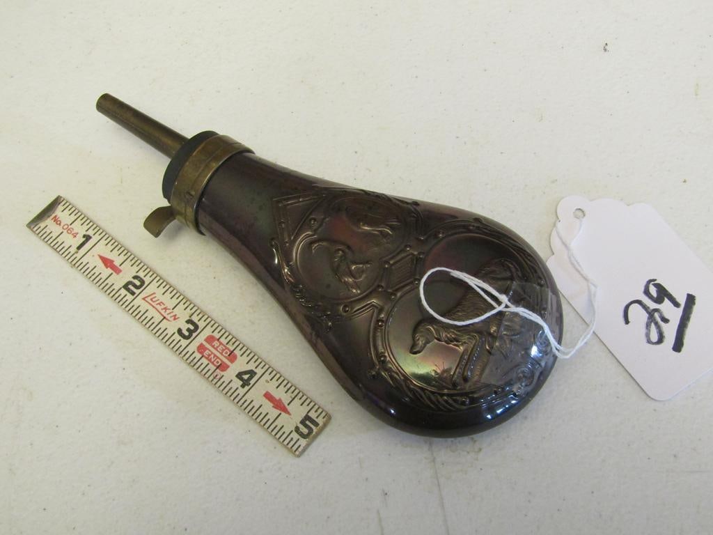 Flask: 7" metal dog and bird engraved powder flask, good cond