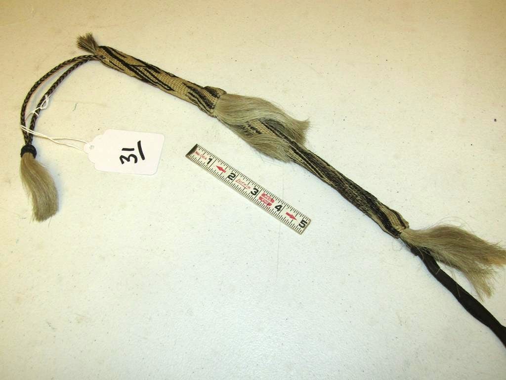 Quirt: Plains horse hair braded quirt, 17" with braided handle and rawhide end, good/very good cond