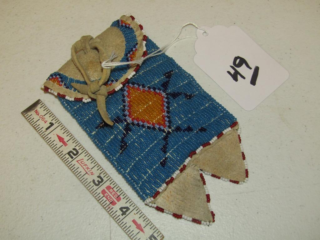 Strike a lite: Plains beaded 5 3/4" tabbed strike a lite bag with striker and flint, sinew sewn, good/very good cond