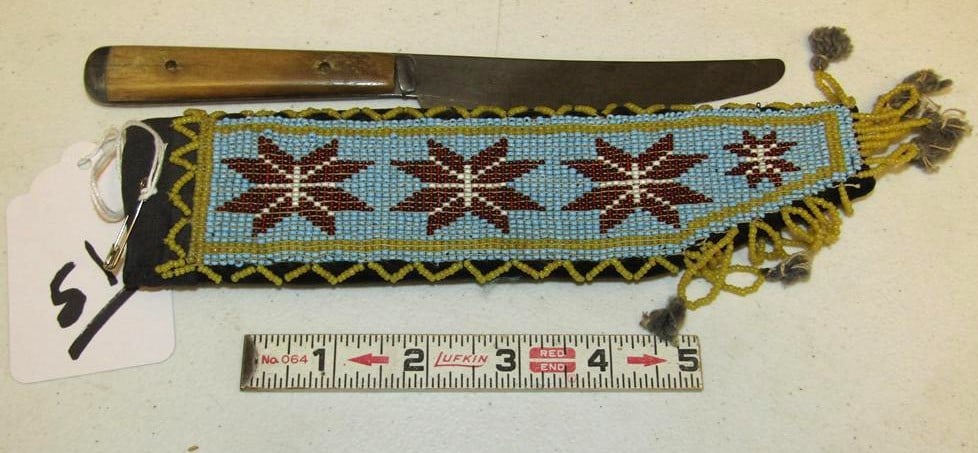 Knife case: Great Lakes 10" loom beaded knife case with bone handle knife, black velvet, good cond