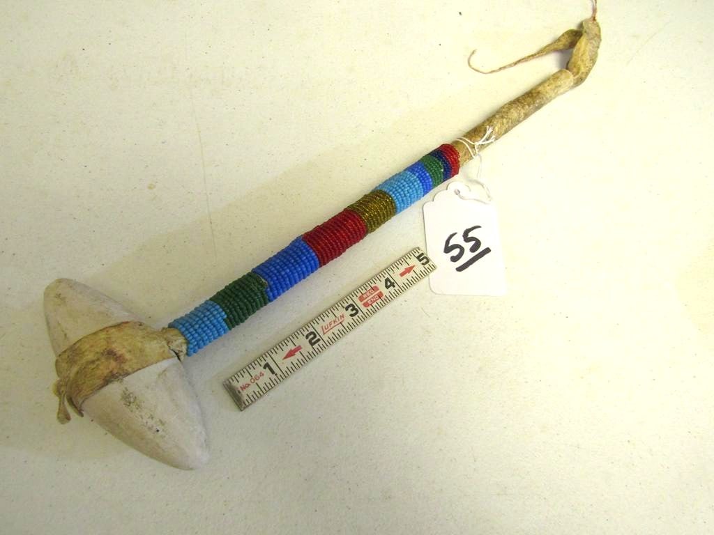Club: Sioux 14" club with 4" stone head, beaded handle, sinew sewn, good cond