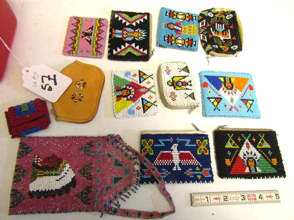 12 pc purses: Plastic container with 12 pc small beaded purses