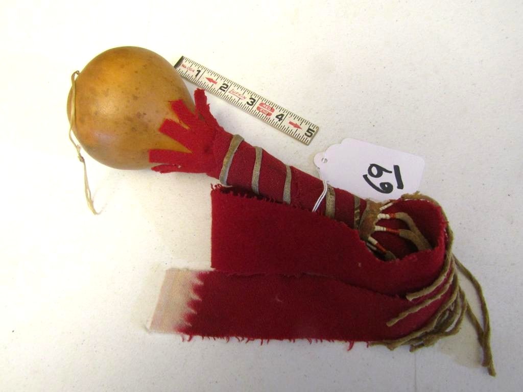 Rattle: Southwest 9" gourd rattle with quilled tassels, red trade cloth, good cond