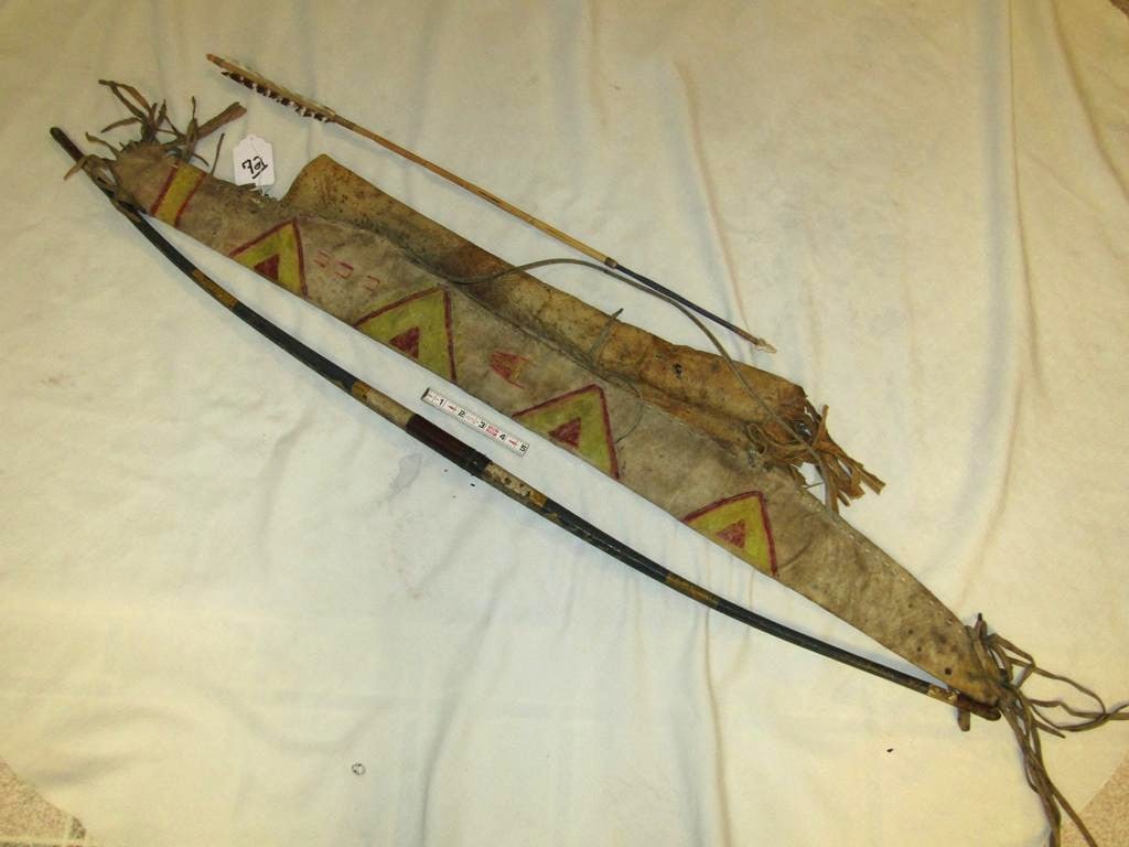 Bow case/quiver: Plains hide 43" plus hide tassels, painted bow case, quiver, one arrow with flint point, sinew sewn, good cond