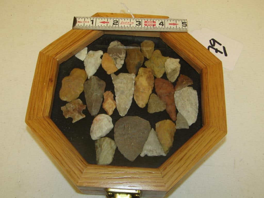 Points and tools: Octagonal wood display case with various points and tools, largest 1 3/4"