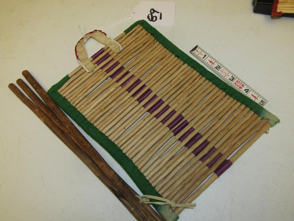 Tipi back rest: Plains 11" pipe with engraved 4" catlinite pipe bowl, wood stem, shows use, good cond